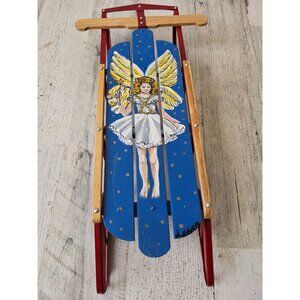 Radio flyer Angel Cherub sled toboggan Xmas decor miniature glitter blue red sig